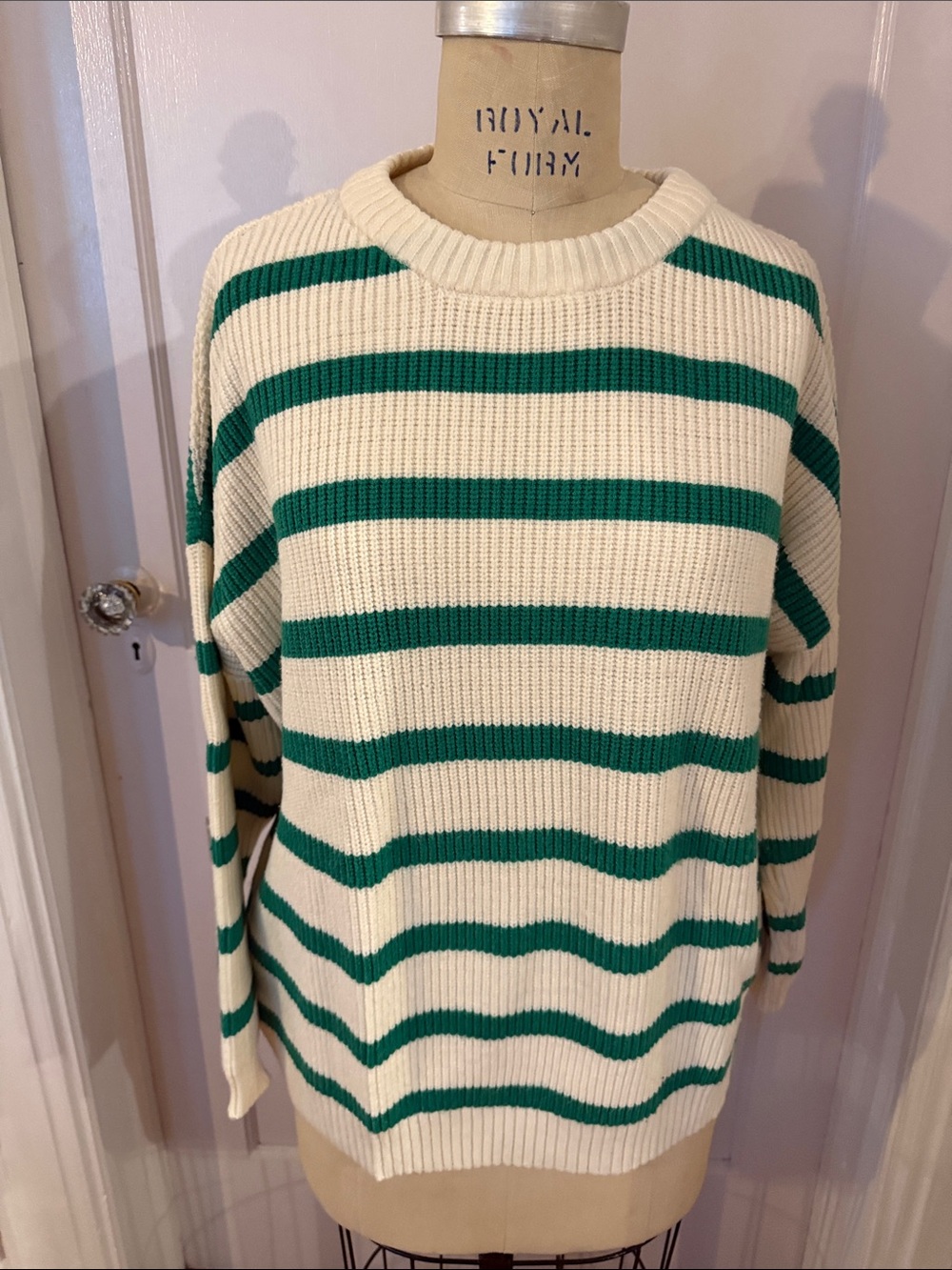 NWOT Super Soft Cream & Green Striped Crewneck Sweater